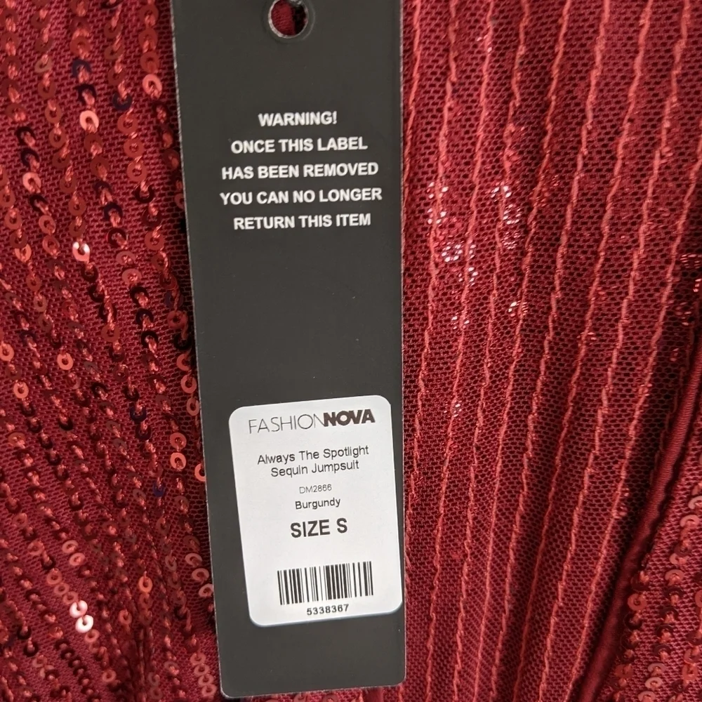 FashionNova Deep Red Wrap Front Collared Fully Sequin Long Sleeve Jumpsuit- sz S